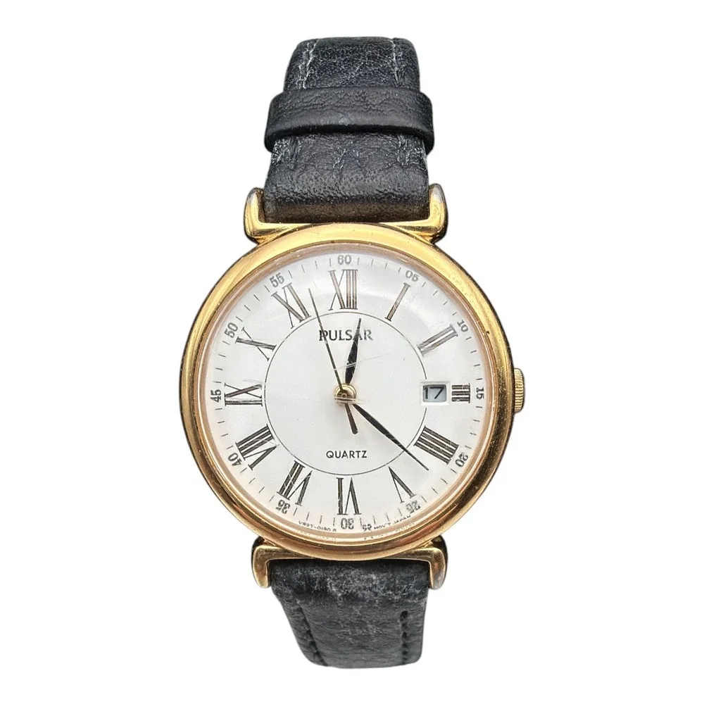 Pulsar Quartz Womens Vintage Watch V827-0090 Leather Band Black 26mm Untested